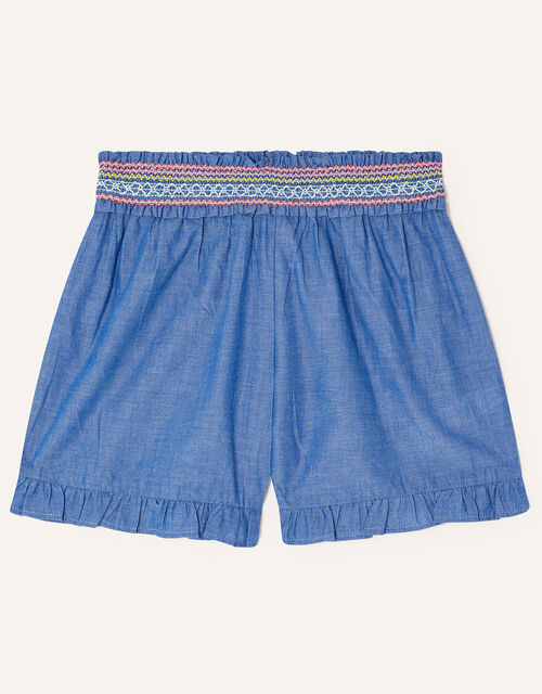 Chambray Shirred Waist Shorts, Blue (BLUE), large