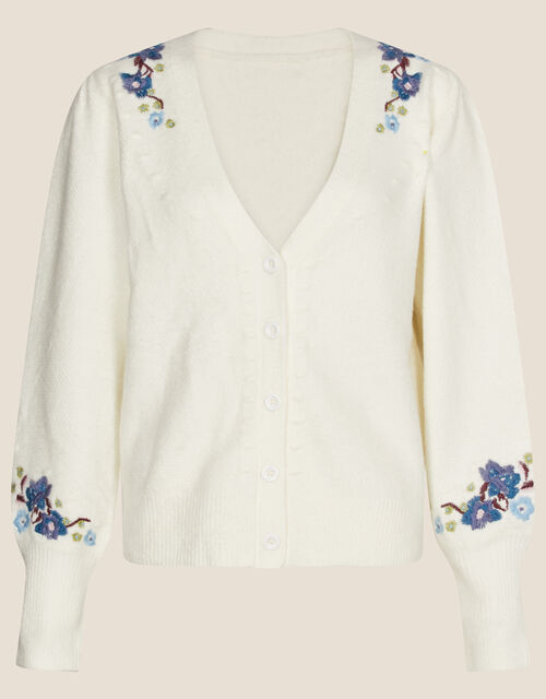 Short Button Through Embroidered Cardigan, Ivory (IVORY), large