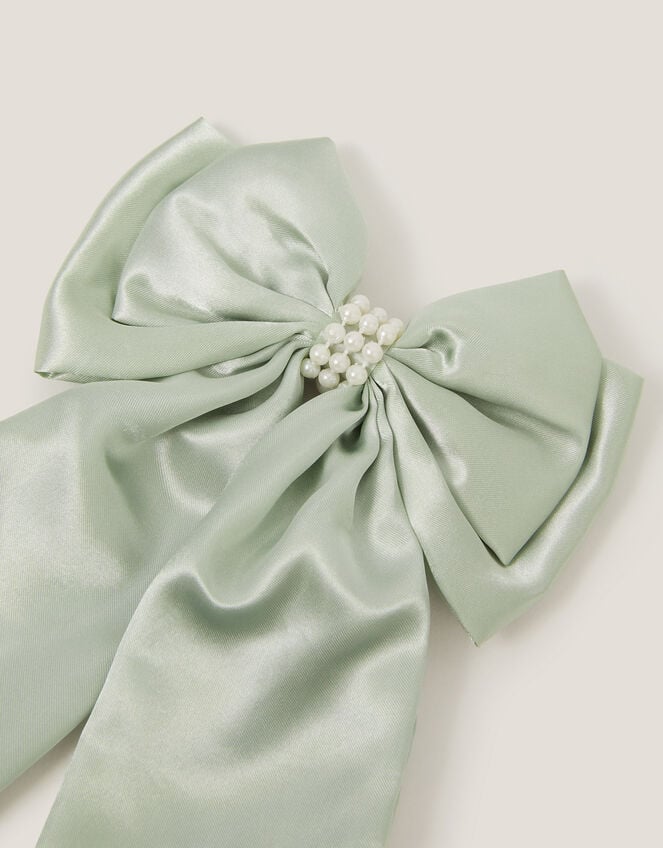 Long Pearl Satin Bow Hair Clip, Green (SAGE), large