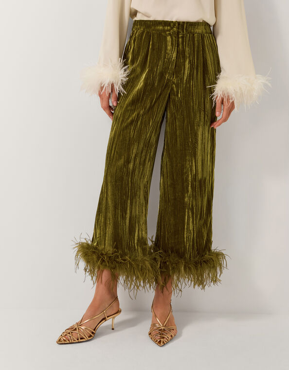 Olivia Feather Cuff Velvet Trousers, Green (OLIVE), large