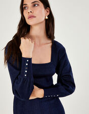 Metallic Knit Square Neck Pleated Midi Dress, Blue (NAVY), large