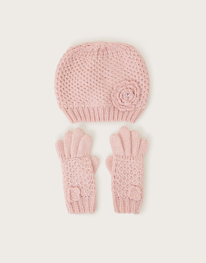 Flower Beanie and Gloves Set, Pink (PINK), large