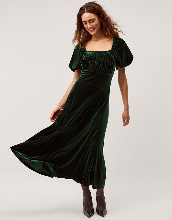 Cynthia Puff Sleeve Velvet Midi Dress, Green (DARK GREEN), large