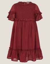 Frilly Smocked Satin Dress, Red (BURGUNDY), large