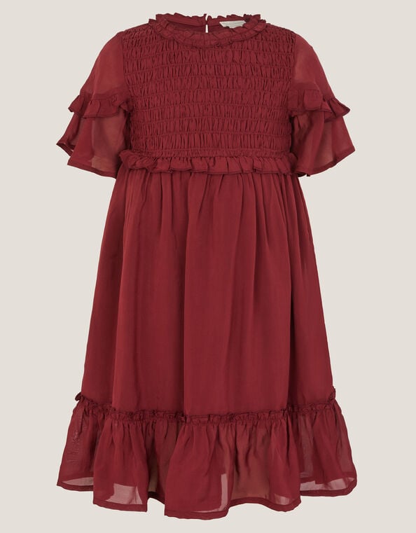 Frilly Smocked Satin Dress, Red (BURGUNDY), large