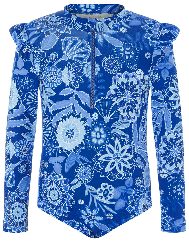 Flower Print Sunsafe Swimsuit, Blue (BLUE), large