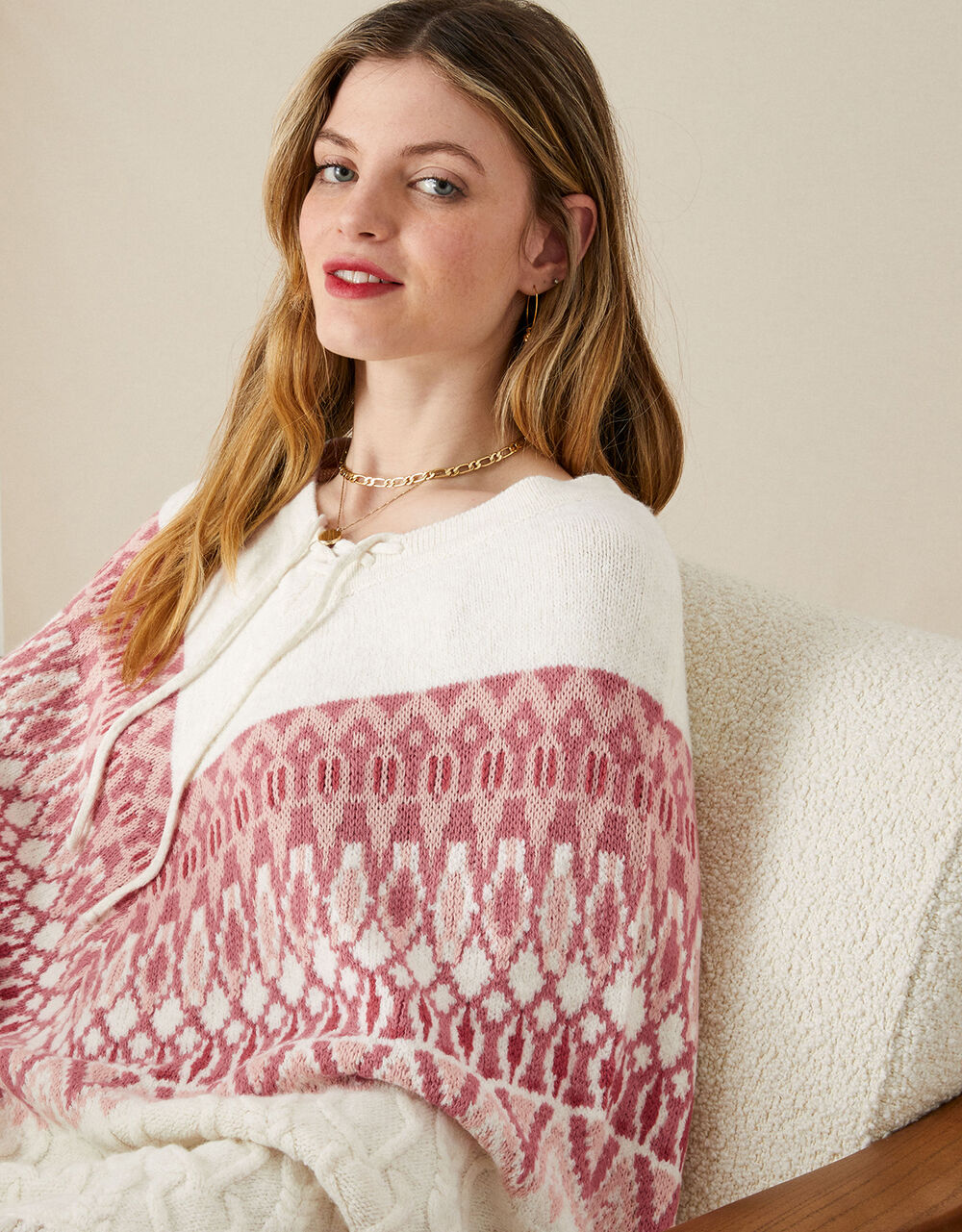 Women Women's Clothing | Fairisle Print Cable Knit Poncho Cream - QE86264