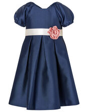 Baby Corsage Belt Duchess Twill Dress, Blue (NAVY), large