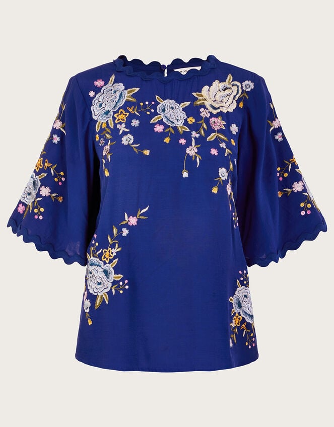 Olla Embroidered Floral Kimono Top, Blue (BLUE), large