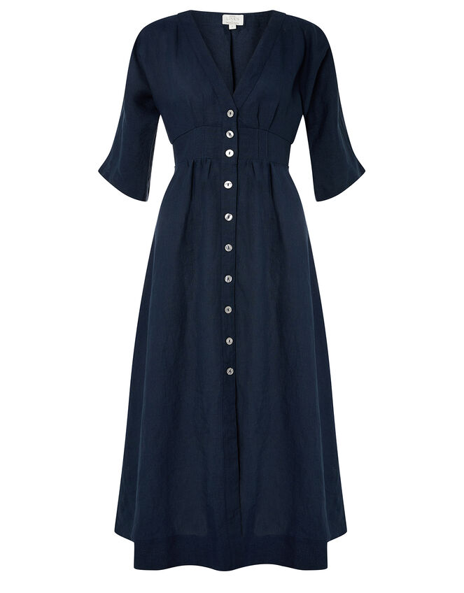 Button-Through Midi Dress in Pure Linen Blue