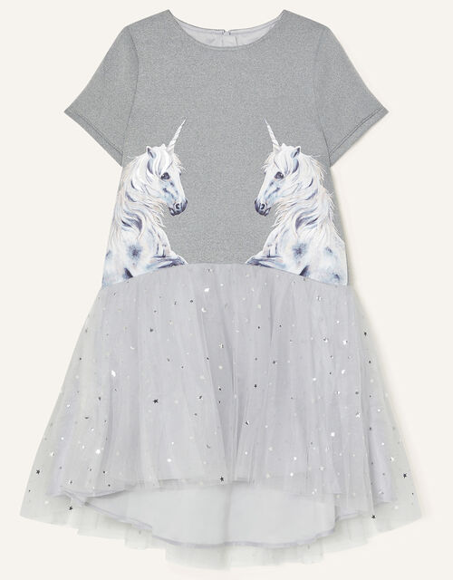 Unicorn and Star Print Dress, Grey (GREY), large
