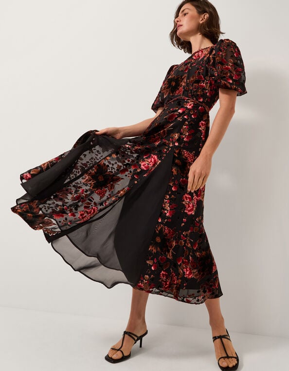 Carolyn Floral Devor&eacute; Midi Dress, Black (BLACK), large