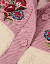 Floral Embroidered Faux Shearling Jacket, Ivory (IVORY), large