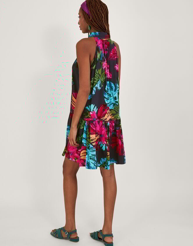 Bria Palm Print Halter Dress in Sustainable Viscose, Blue (MIDNIGHT), large