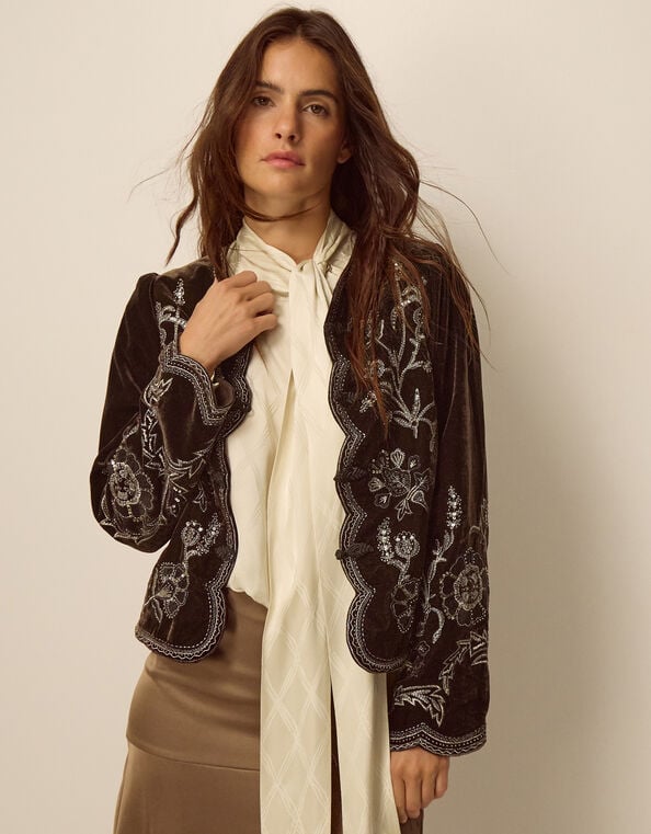 Julia Embellished Velvet Jacket, Brown (CHOCOLATE), large