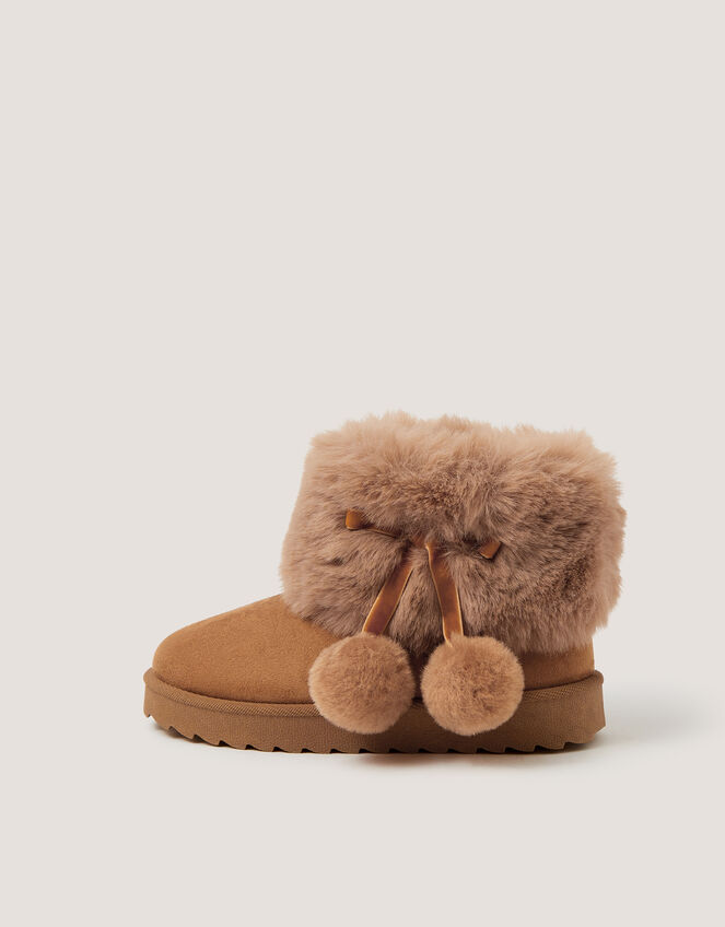 Fluffy Pom Ankle Boots, Tan (TAN), large