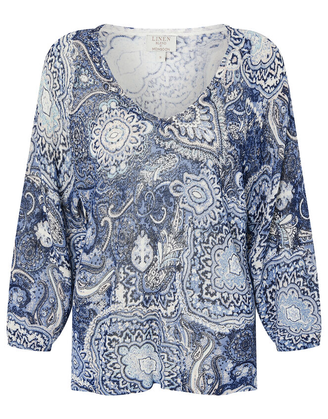 Paisley Print Jumper in Linen Blend, Blue (NAVY), large