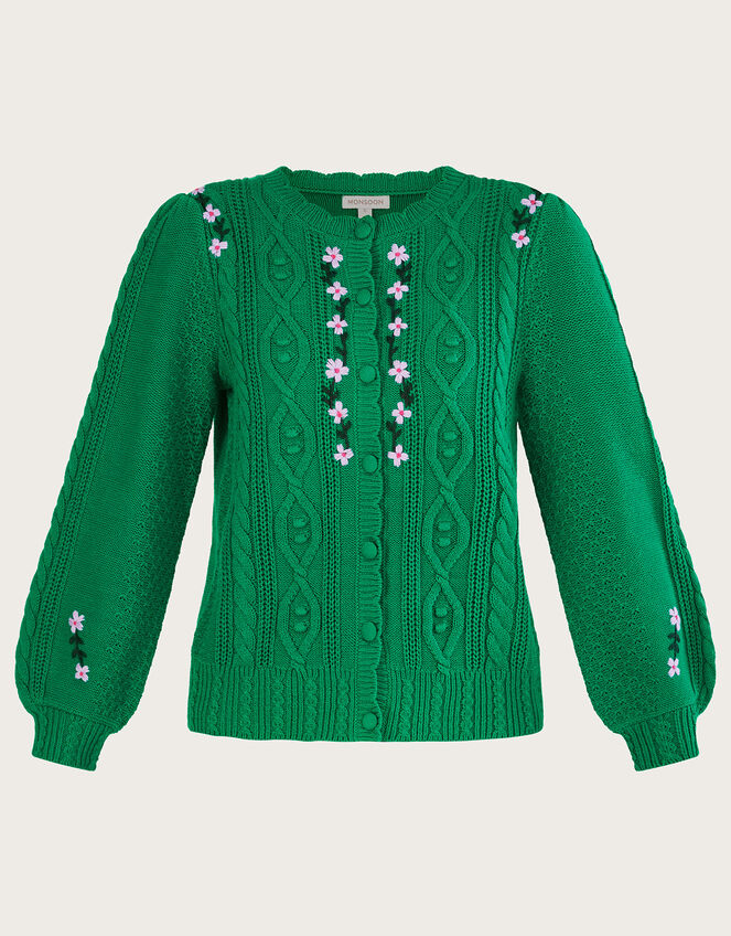 Hand Embroidered Cable Knit Cardigan, Green (GREEN), large