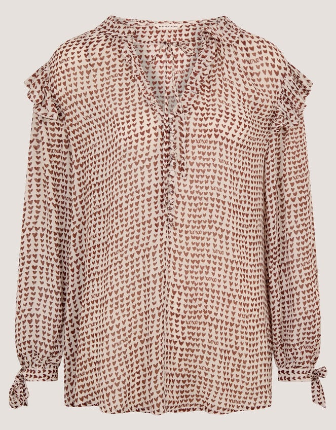 Hope Heart Print Blouse, Brown (CHOCOLATE), large