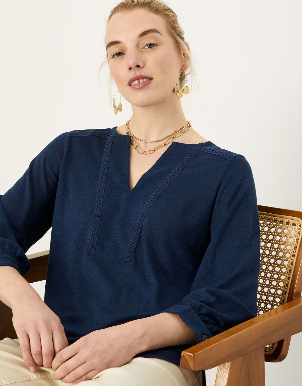 Women Women's Clothing | Plain Detail Linen Long Sleeve Top Blue - OR96478