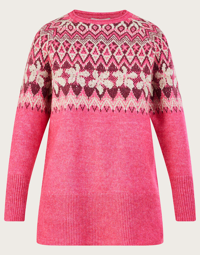 Fair Isle Longline Jumper with Recycled Polyester, Pink (PINK), large