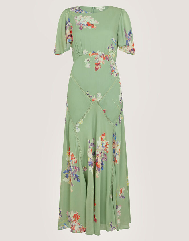 Amber Flutter Floral Print Maxi Dress Green