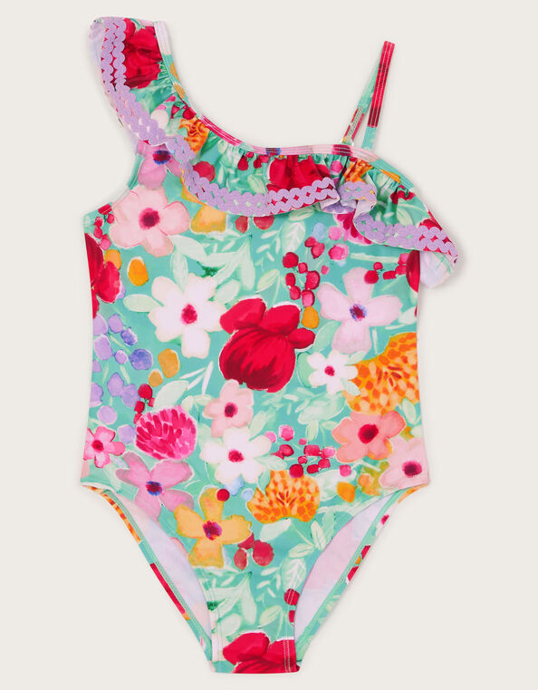Floral Asymmetrical Frill Swimsuit, Green (GREEN), large