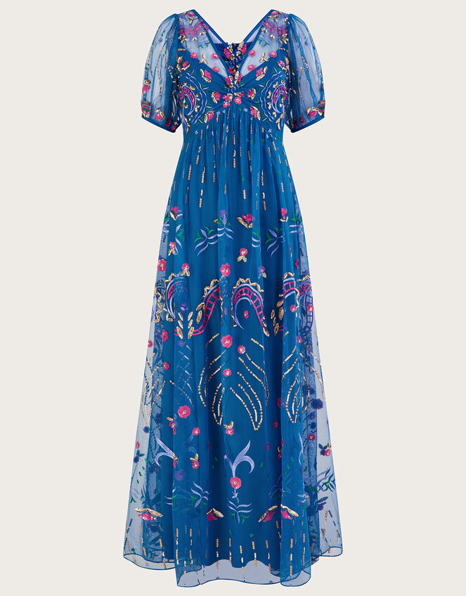 Tilly Embellished Maxi Dress in Recycled Polyester, Blue (COBALT), large
