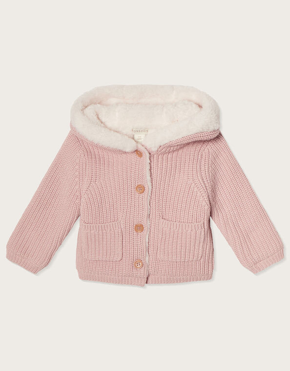 Newborn Borg Lined Coatigan, Pink (PALE PINK), large