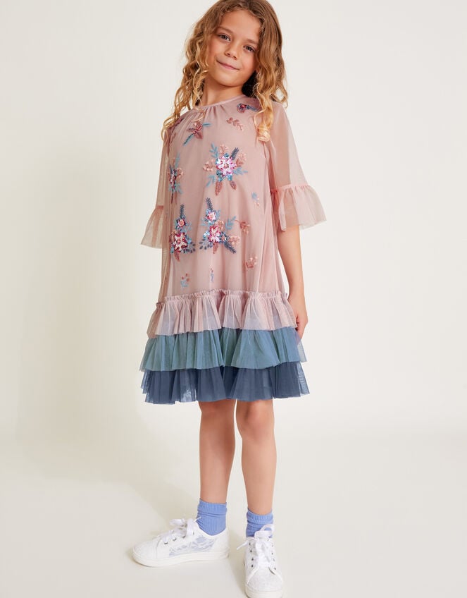 Floral Embellished Tulle Trapeze Dress, Pink (PINK), large
