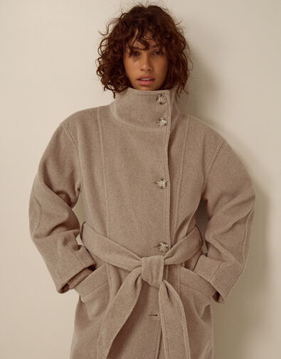 Millie Funnel Neck Belted Coat, Mink (MINK), large