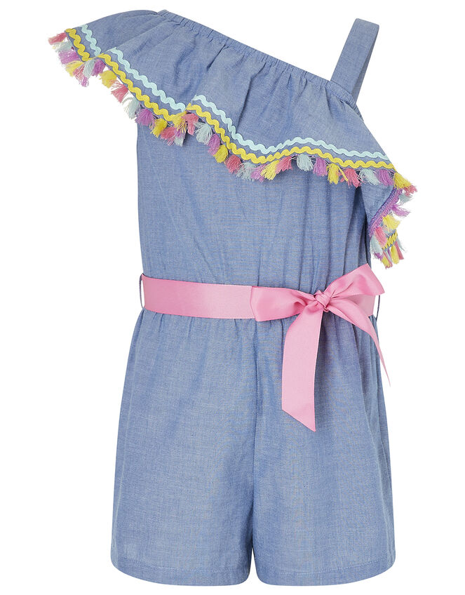 Tassel Trim One-Shoulder Chambray Playsuit, Blue (BLUE), large