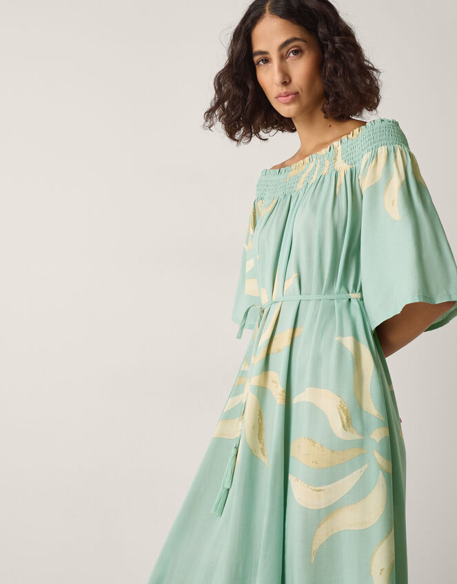 Tashie Sun Print Bardot Midi Dress Blue