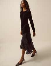 Beatrix Velvet Lace Midi Dress, Black (BLACK), large