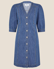 Puff Sleeve Denim Dress, Blue (DENIM BLUE), large