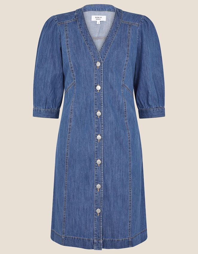 Puff Sleeve Denim Dress, Blue (DENIM BLUE), large