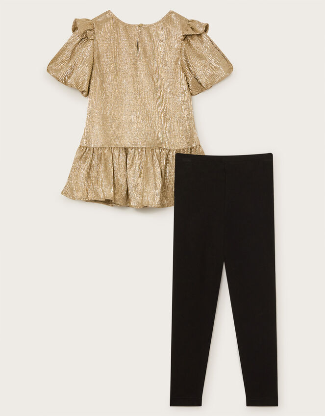Metallic Frilly Tunic Top and Leggings Set, Gold (GOLD), large