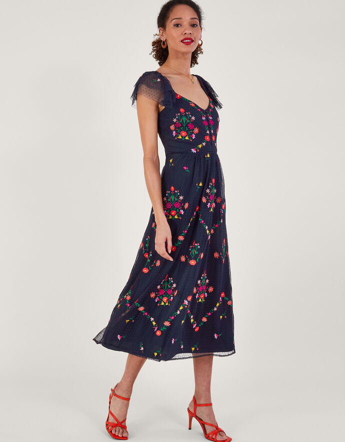 Bonnie Floral Embroidered Tea Dress Blue Evening Dresses Monsoon UK.