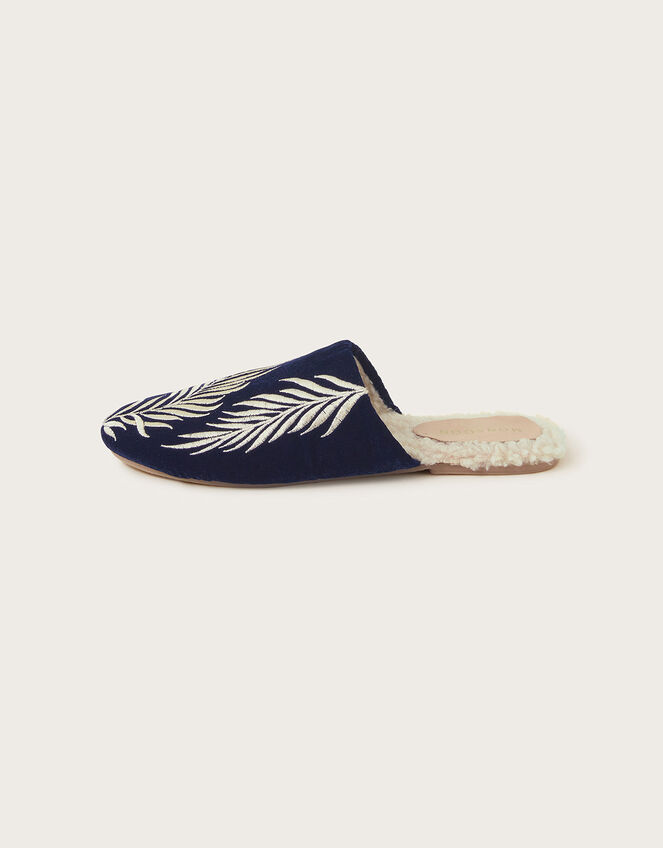 Clover Feather Embroidered Slippers, Blue (NAVY), large
