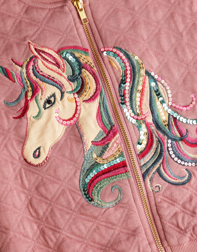 Embellished Unicorn Quilted Bomber Jacket, Pink (PINK), large