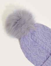 Pom-Pom Cable Knit Hat, , large