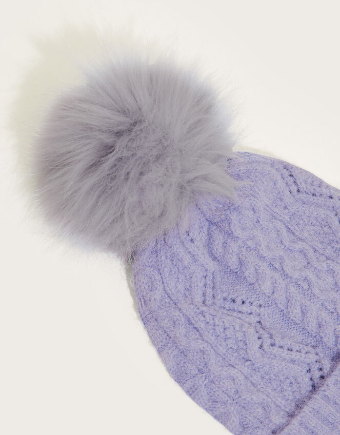 Pom-Pom Cable Knit Hat, , large
