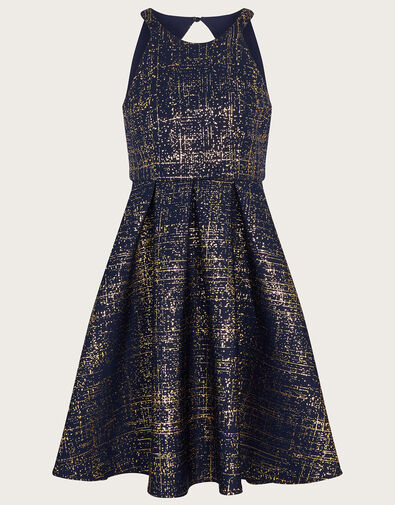Foil Print Scuba Prom Dress, Blue (NAVY), large