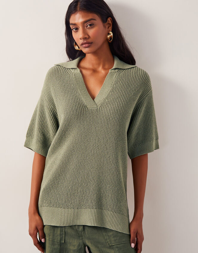 Cece Short Sleeve Collar Jumper, Green (KHAKI), large