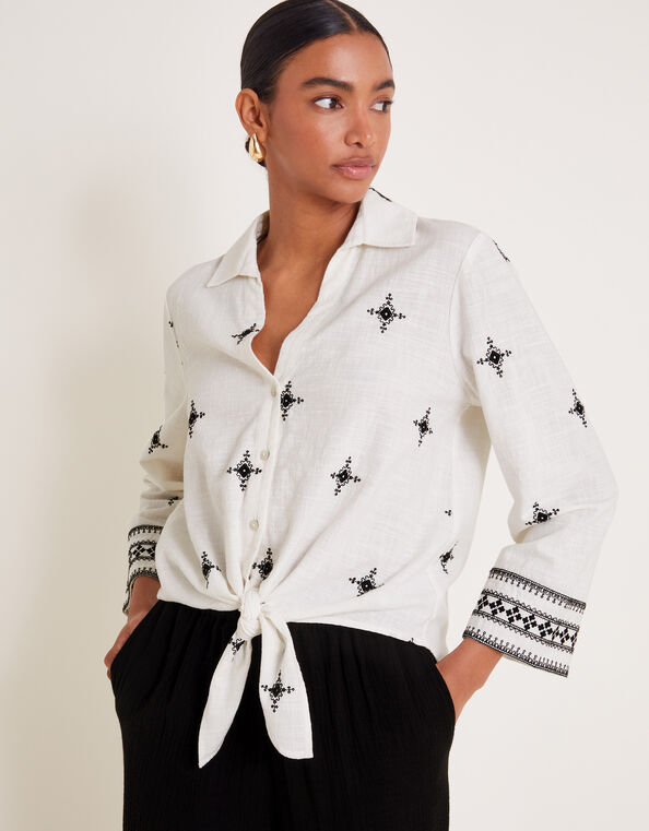 Eleanor Embroidered Tie Shirt, Ivory (IVORY), large