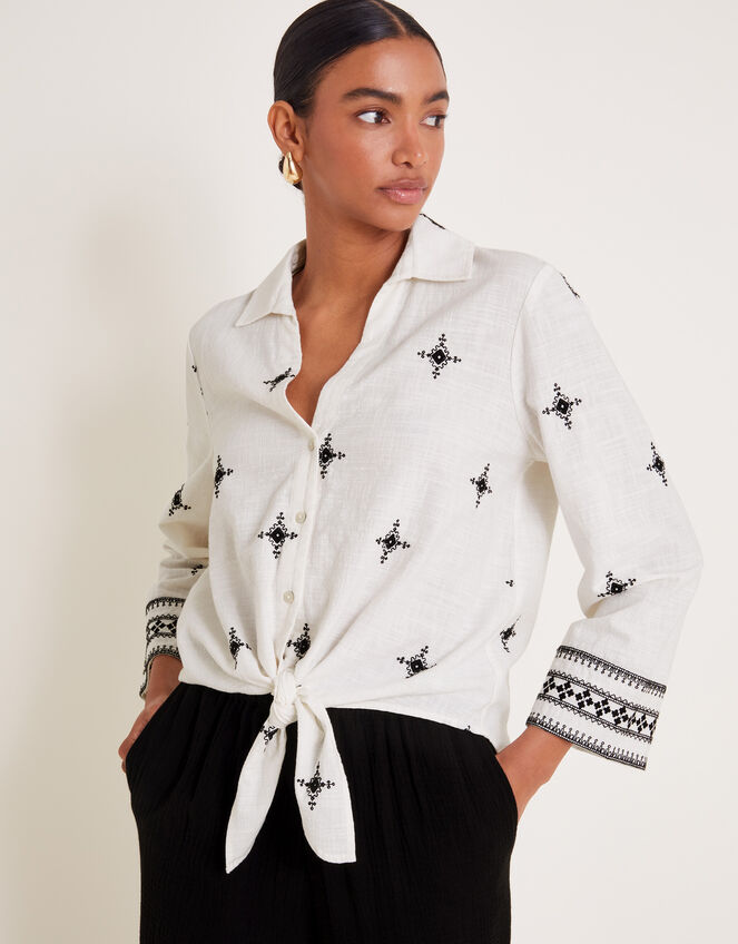 Eleanor Embroidered Tie Shirt, Ivory (IVORY), large
