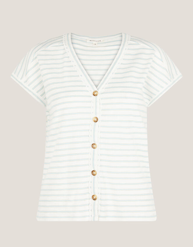 Sasha Button Stripe T-Shirt, Ivory (IVORY), large