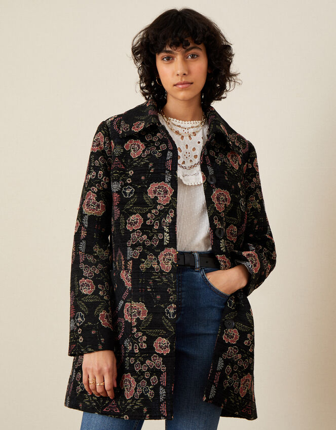 Jackie Floral Jacquard Coat Black | Women's Coats | Monsoon UK.