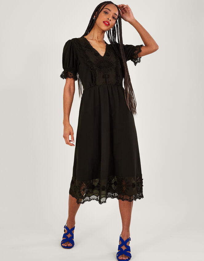 Jersey Crochet Trim Midi Dress, Black (BLACK), large