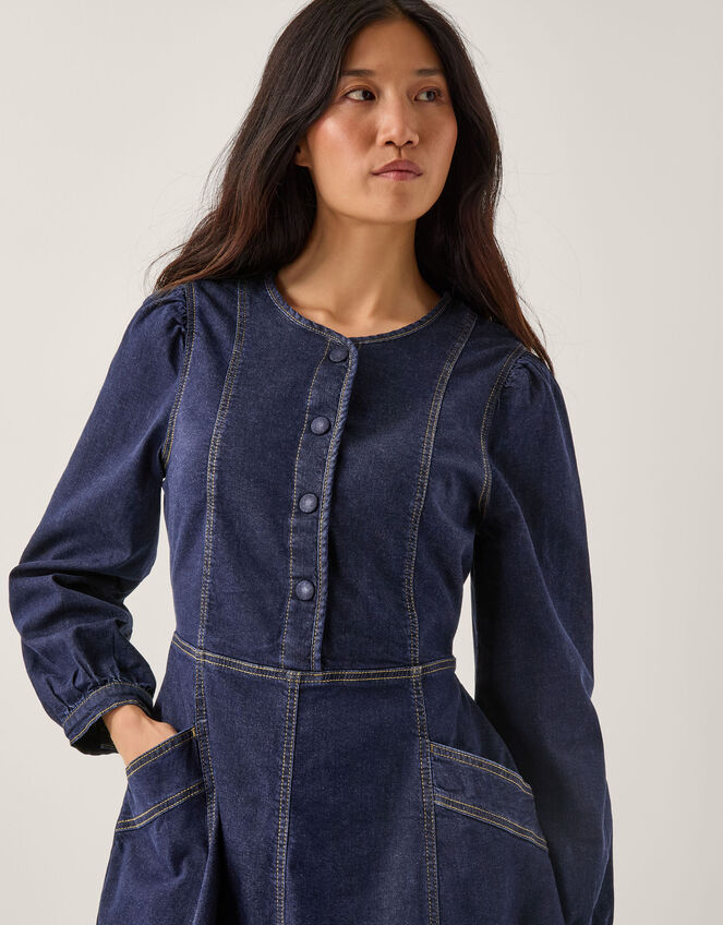 Vivian Button Denim Midi Dress, Blue (INDIGO), large